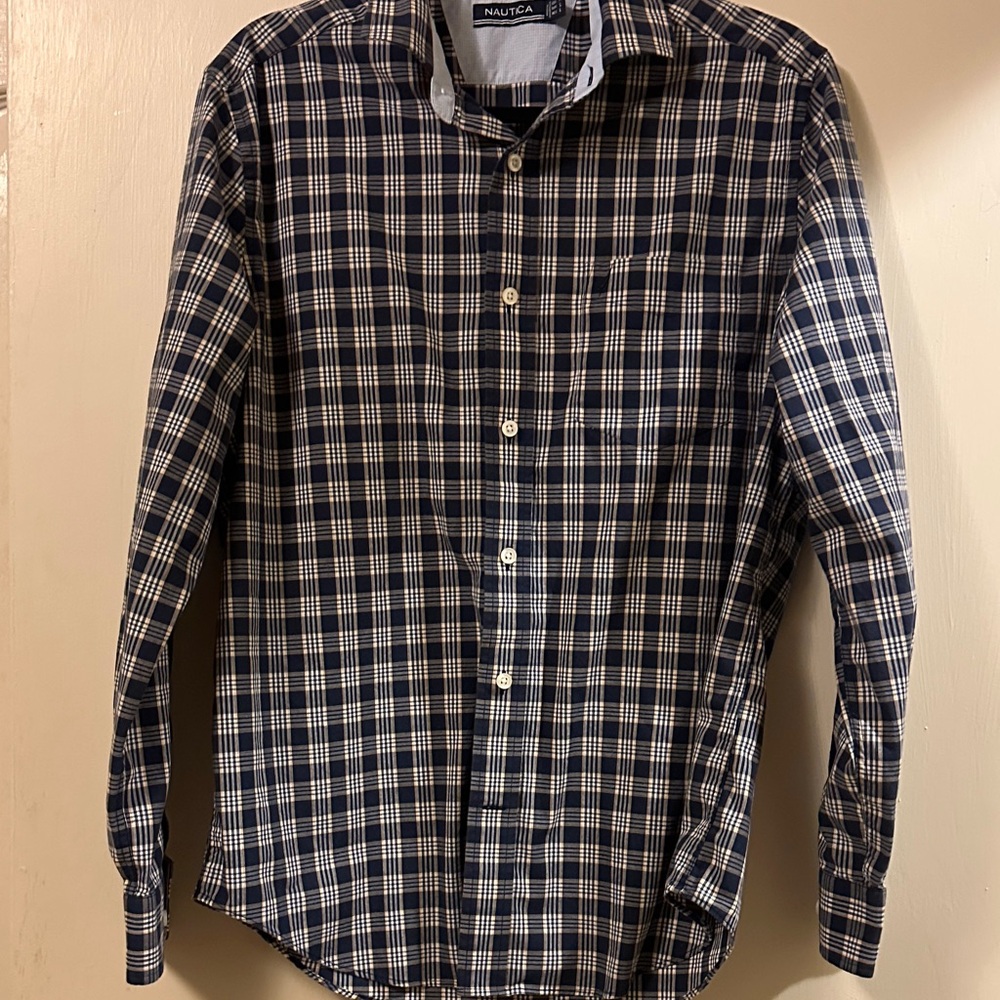 Nautica Men's Checkered Navy and White Shirt